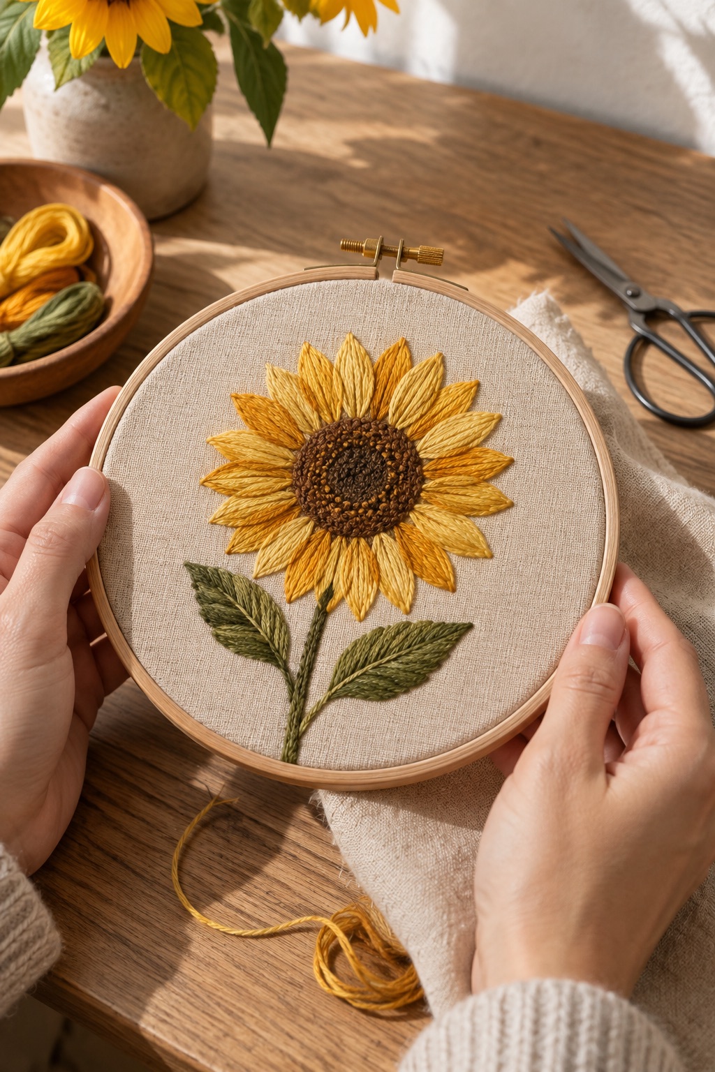 Sunflower stitched in an embroidery hoop on a wooden table