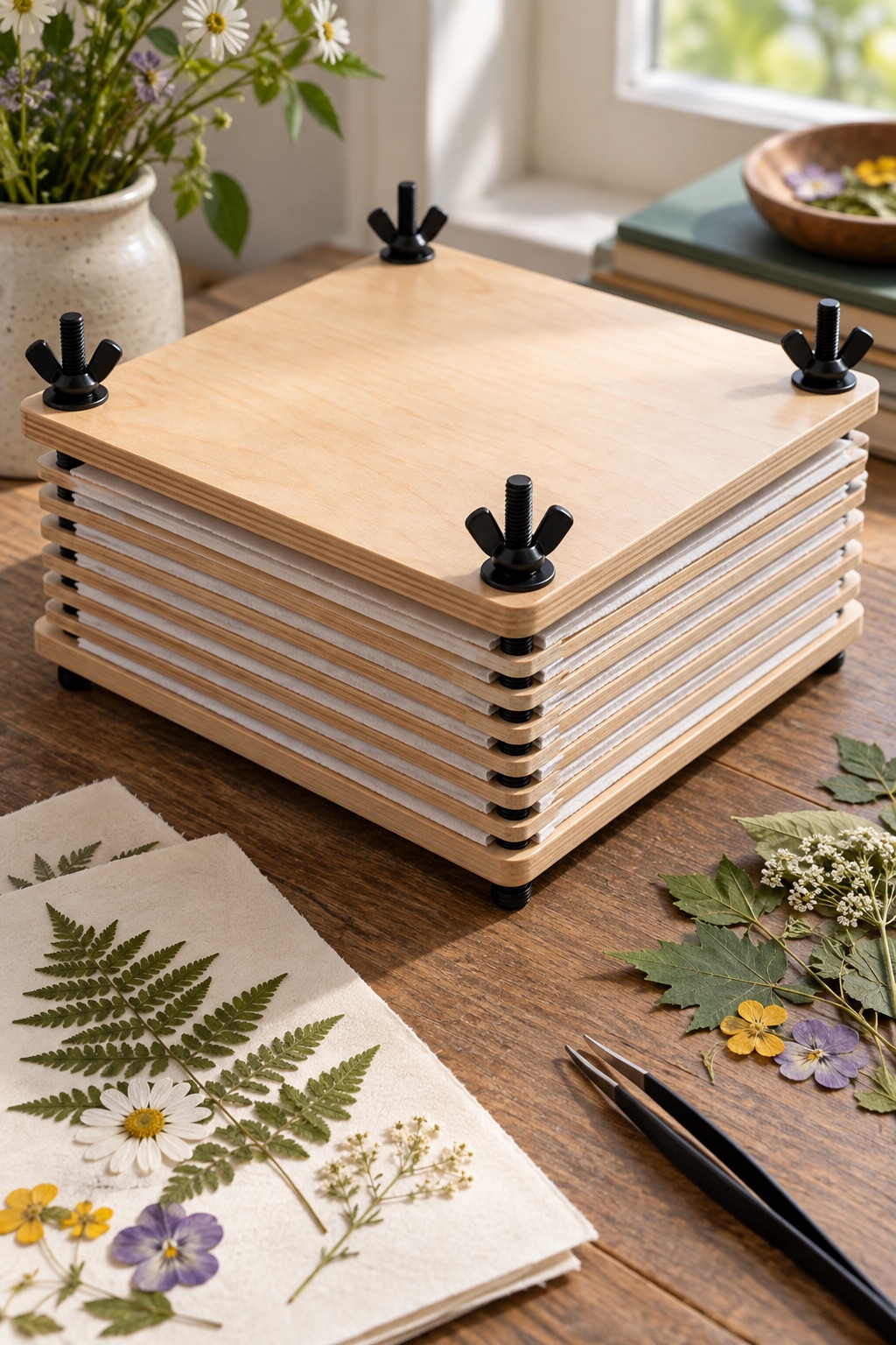 Square wooden flower press prepared for scrapbook botanicals