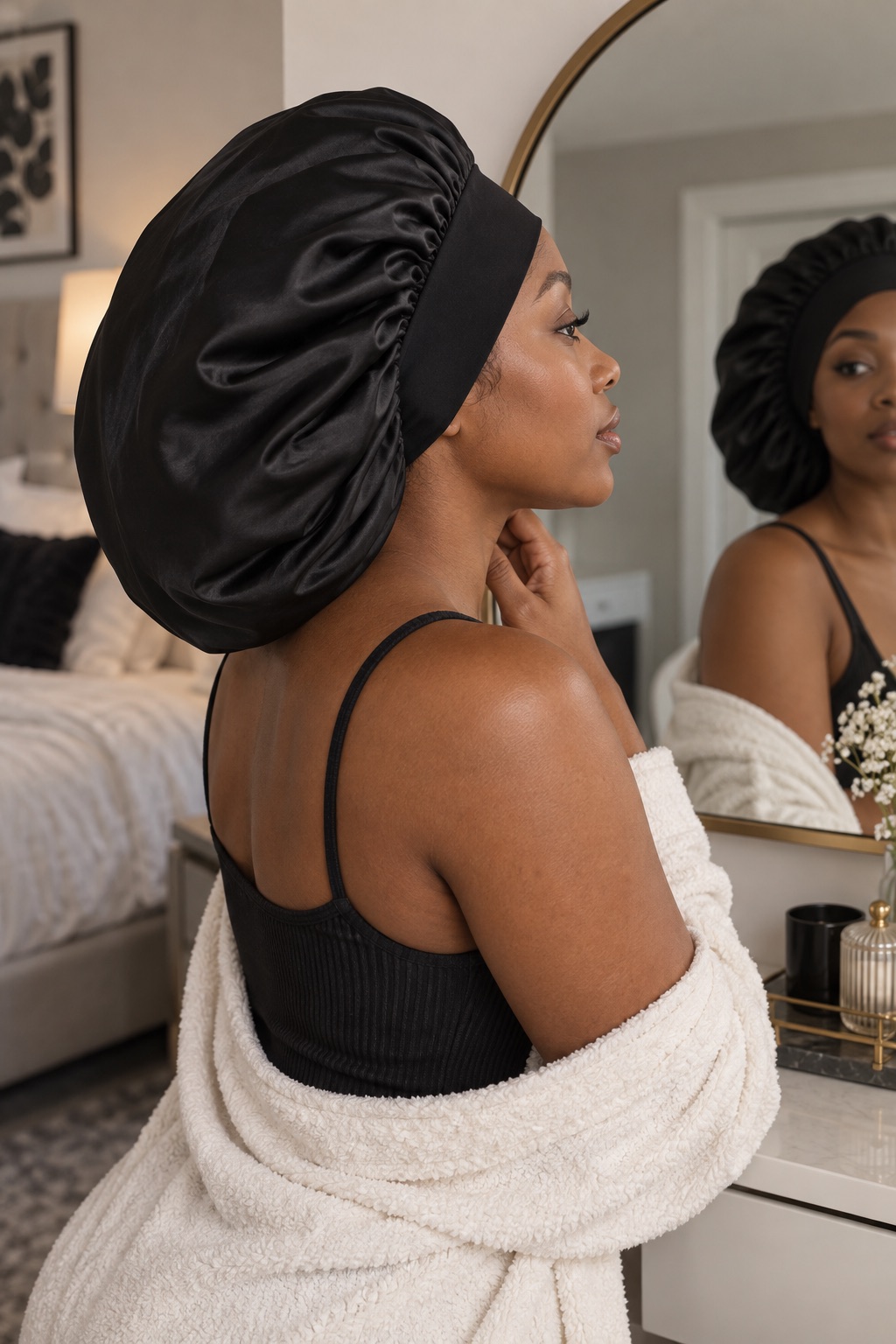 Black wide-band satin bonnet worn over long braids