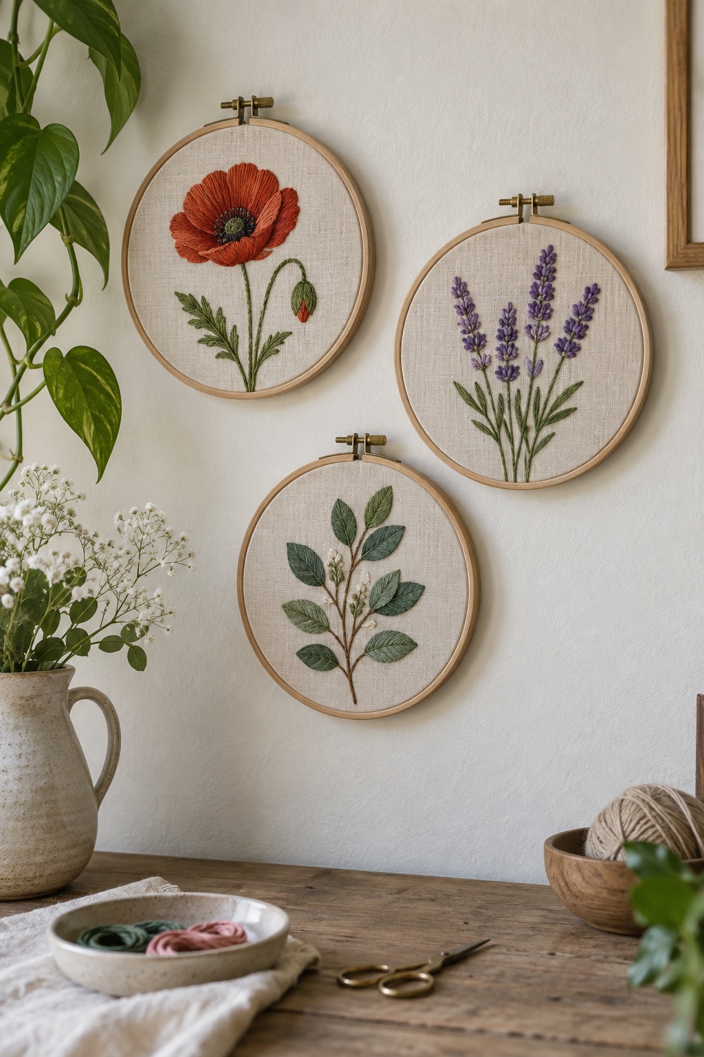 Three floral embroidery hoops with poppy, lavender and leafy sprig designs