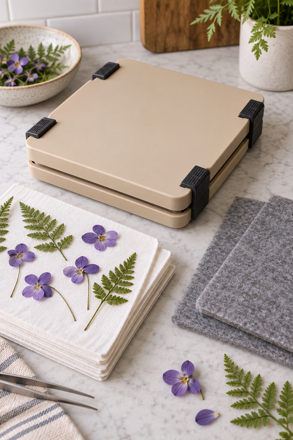 Nine-inch tan microwave flower press with liners and felt pads