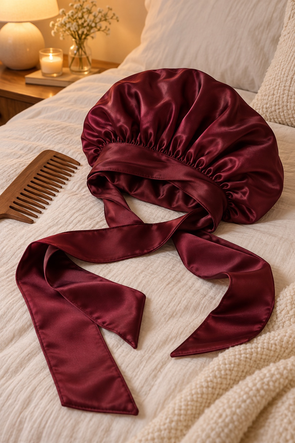 Burgundy satin bonnet with long adjustable ties