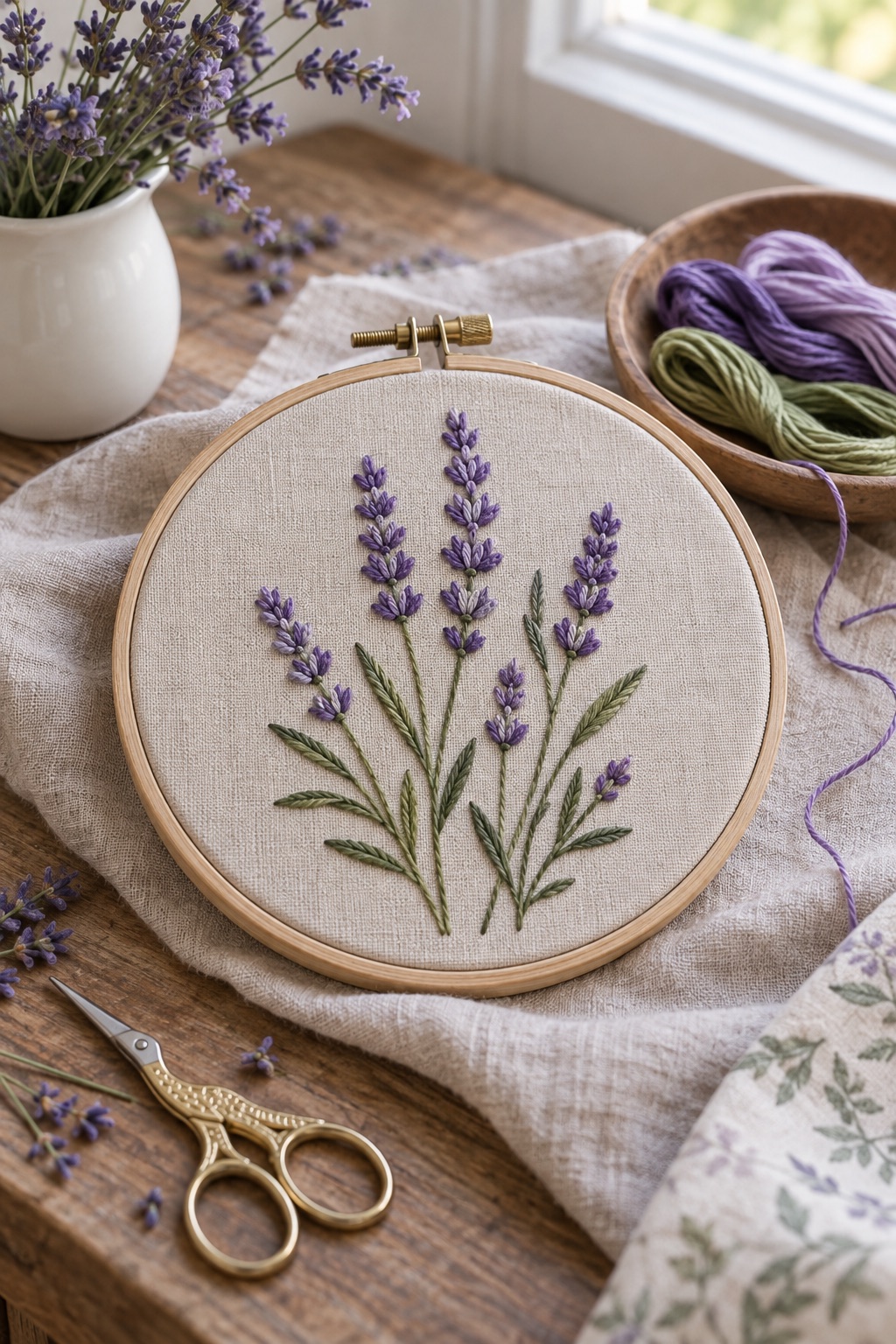 Lavender embroidery hoop with purple stems and green leaves