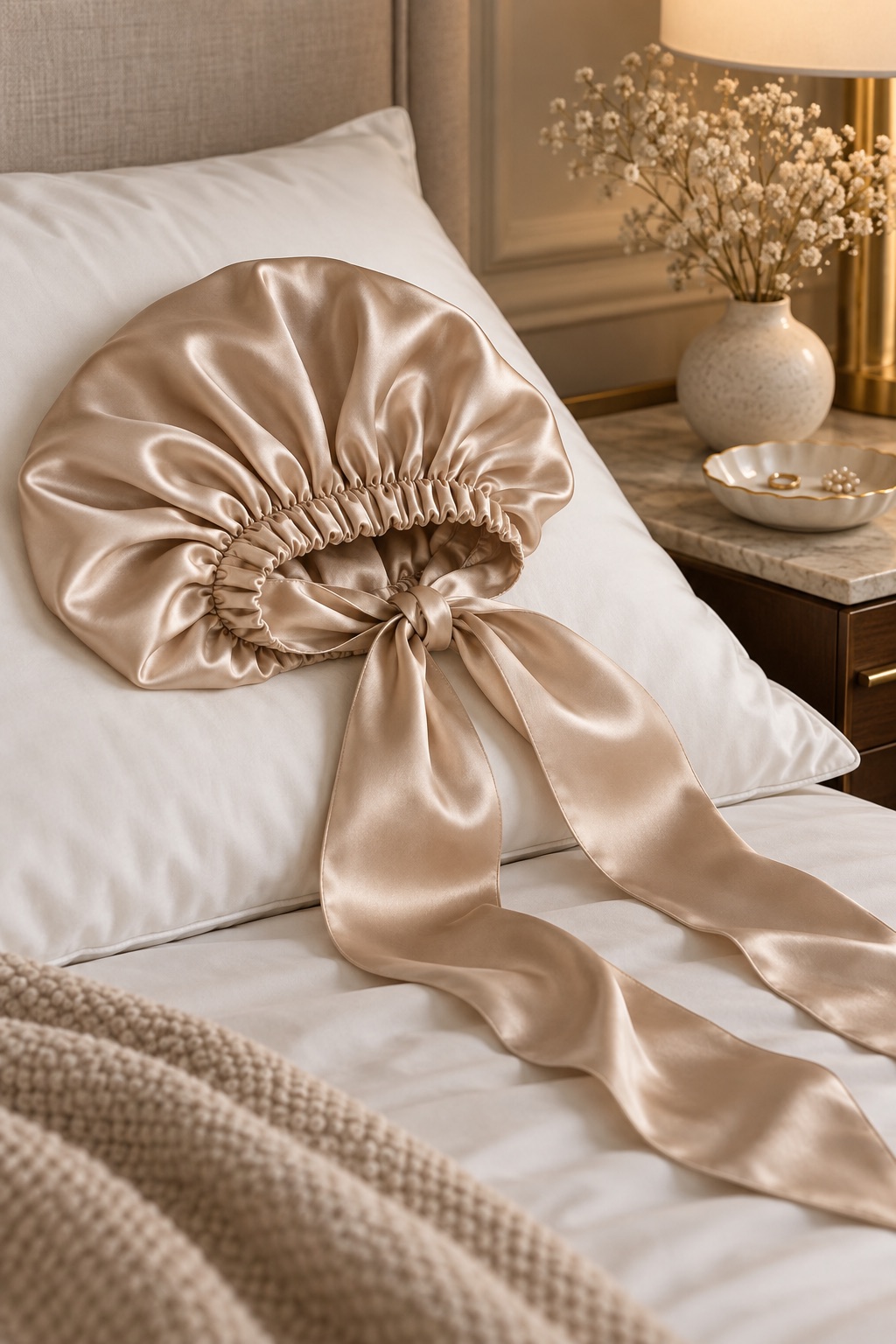 Champagne silk bonnet with long wrap ties