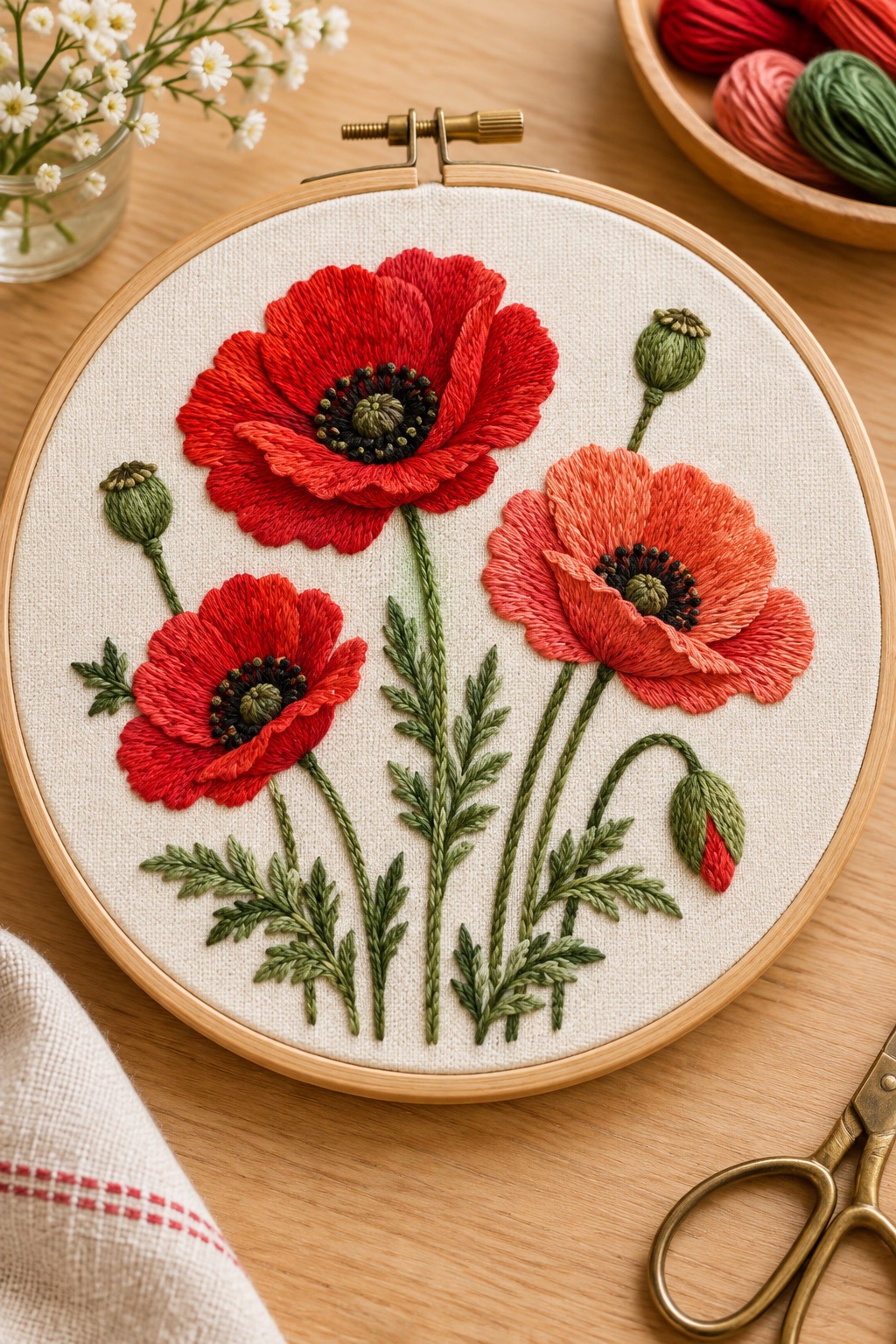 Red poppy embroidery hoop on cream fabric