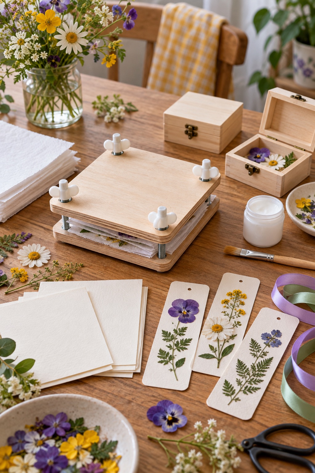 Compact pressed-flower craft kit with small press and blank cards