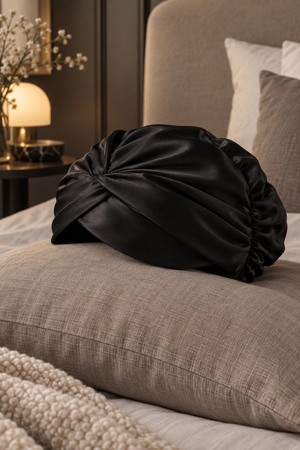 Black tailored silk turban on neutral bedding