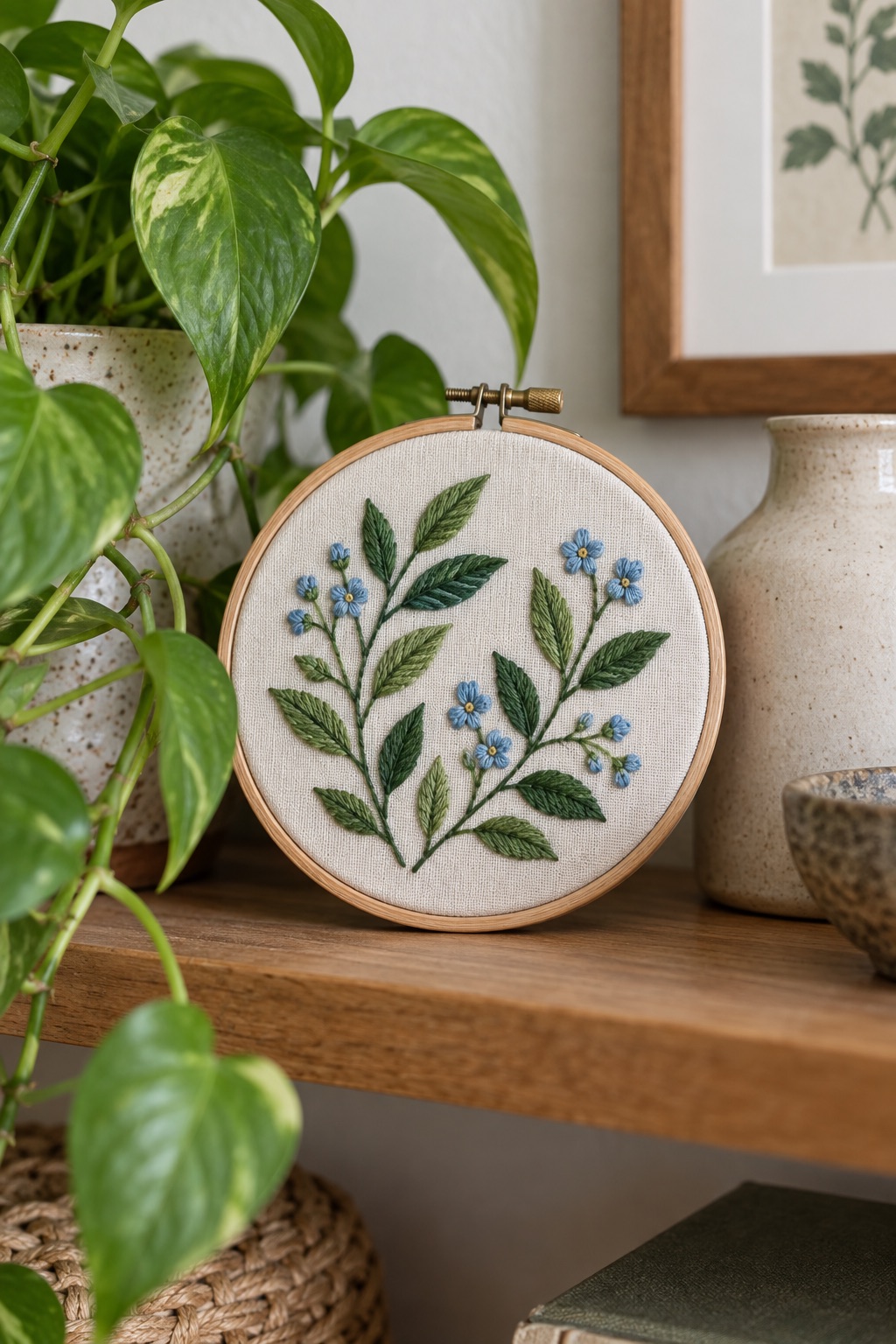 Blue flower and leafy branch embroidery hoop in a bright craft space