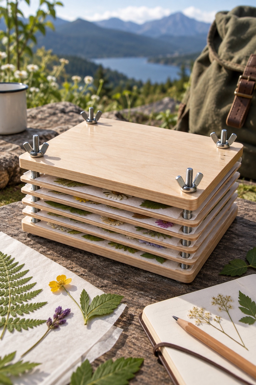 Portable six-layer wooden flower press with leaves