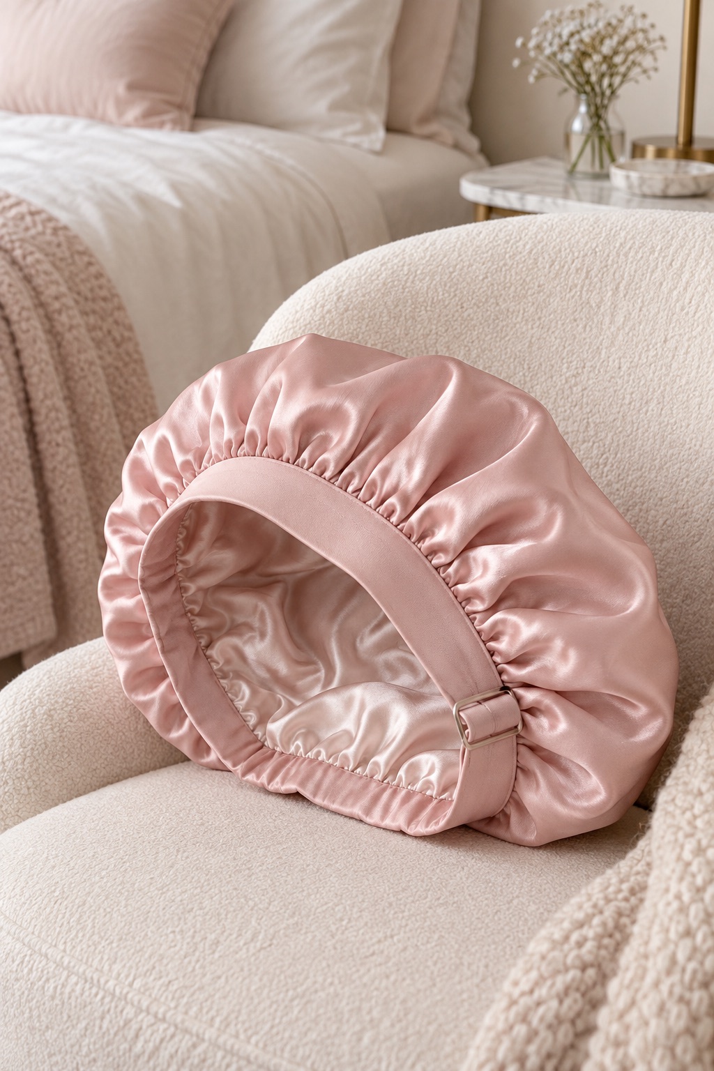 Blush silk-lined bonnet with adjustable band