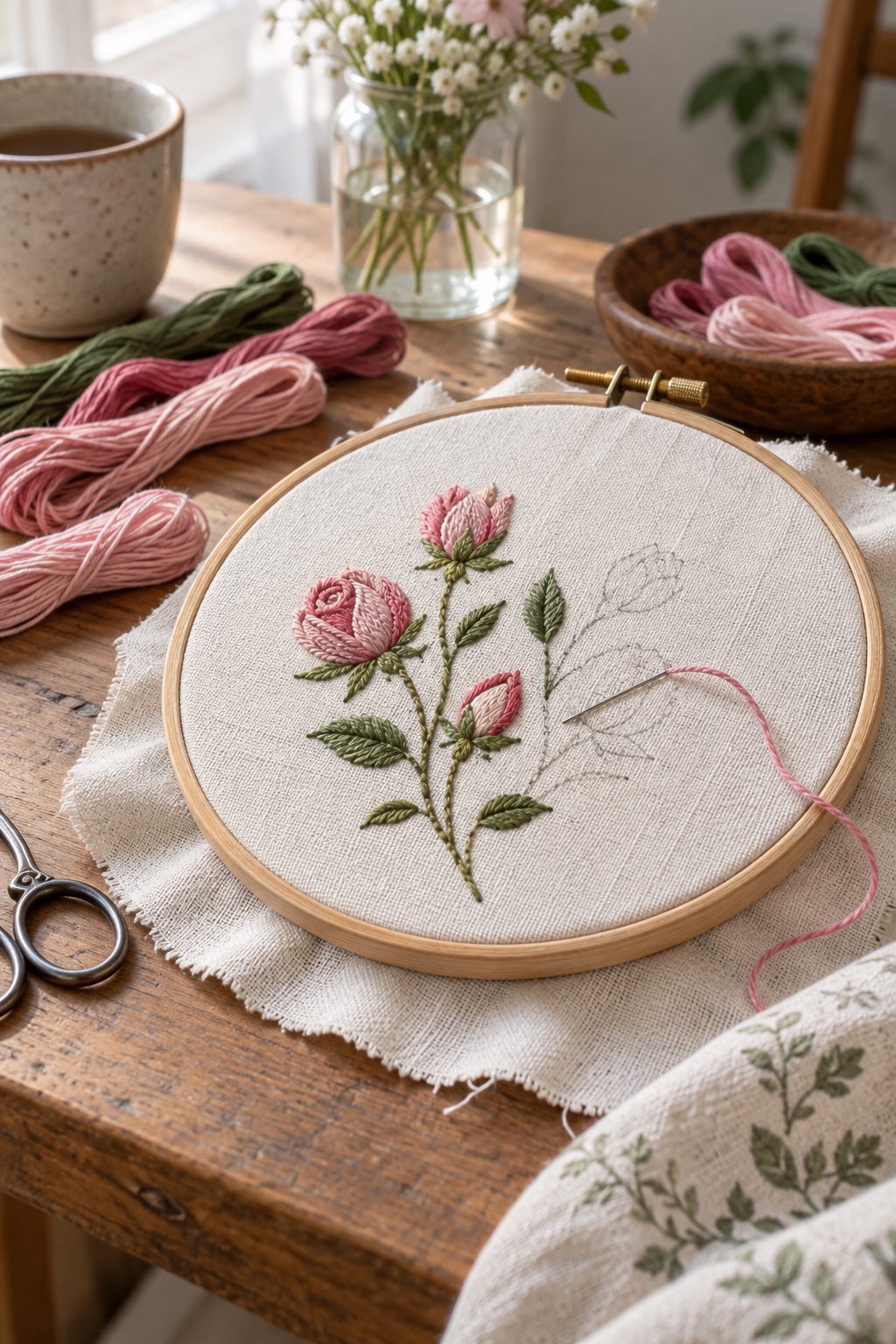 Pink rosebud embroidery hoop with thread on a desk