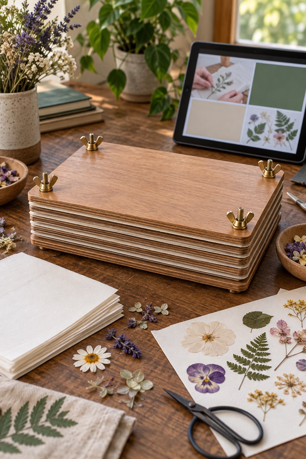 Rectangular wooden flower press with papers and craft tools