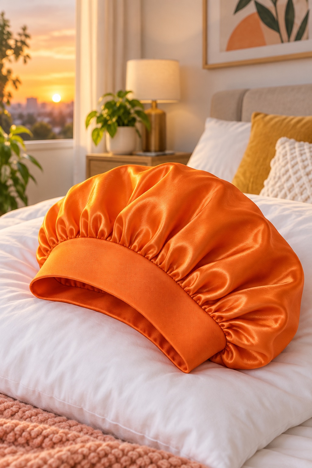 Orange satin bonnet with a broad flat edge