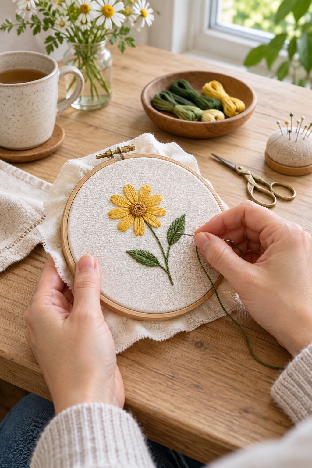 Yellow daisy embroidery hoop being stitched by hand