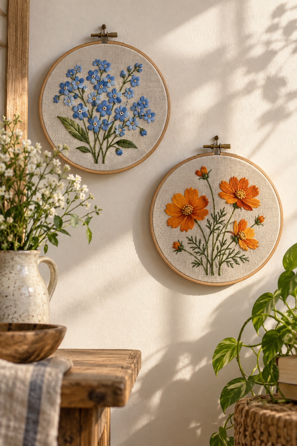 Blue and orange floral embroidery hoops displayed on a wall