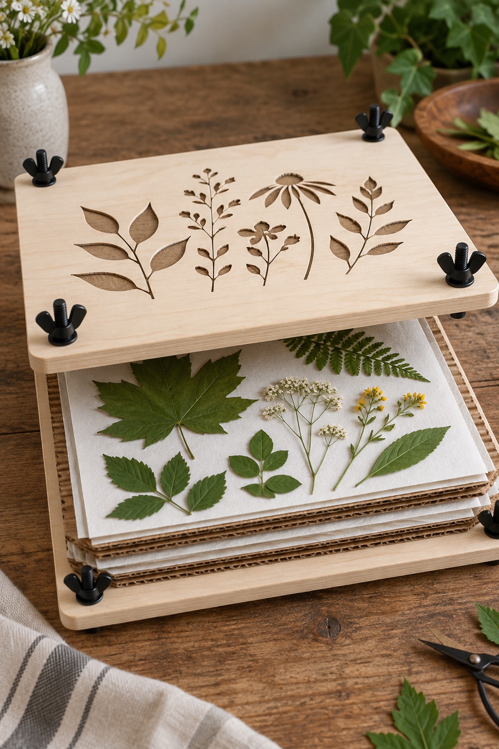 Large wooden leaf press with botanical cutout detail