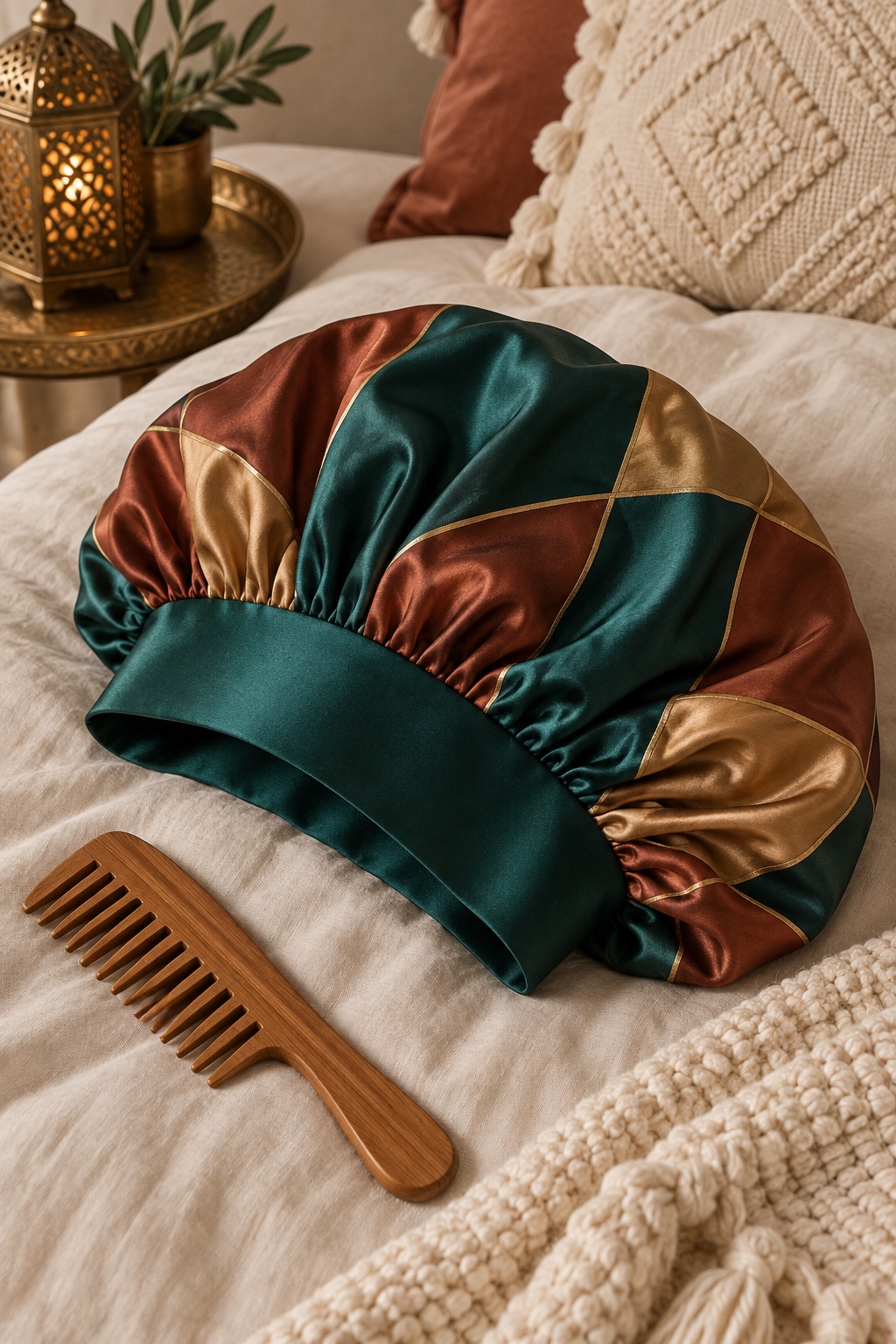 Jewel-tone patterned satin bonnet with wide band
