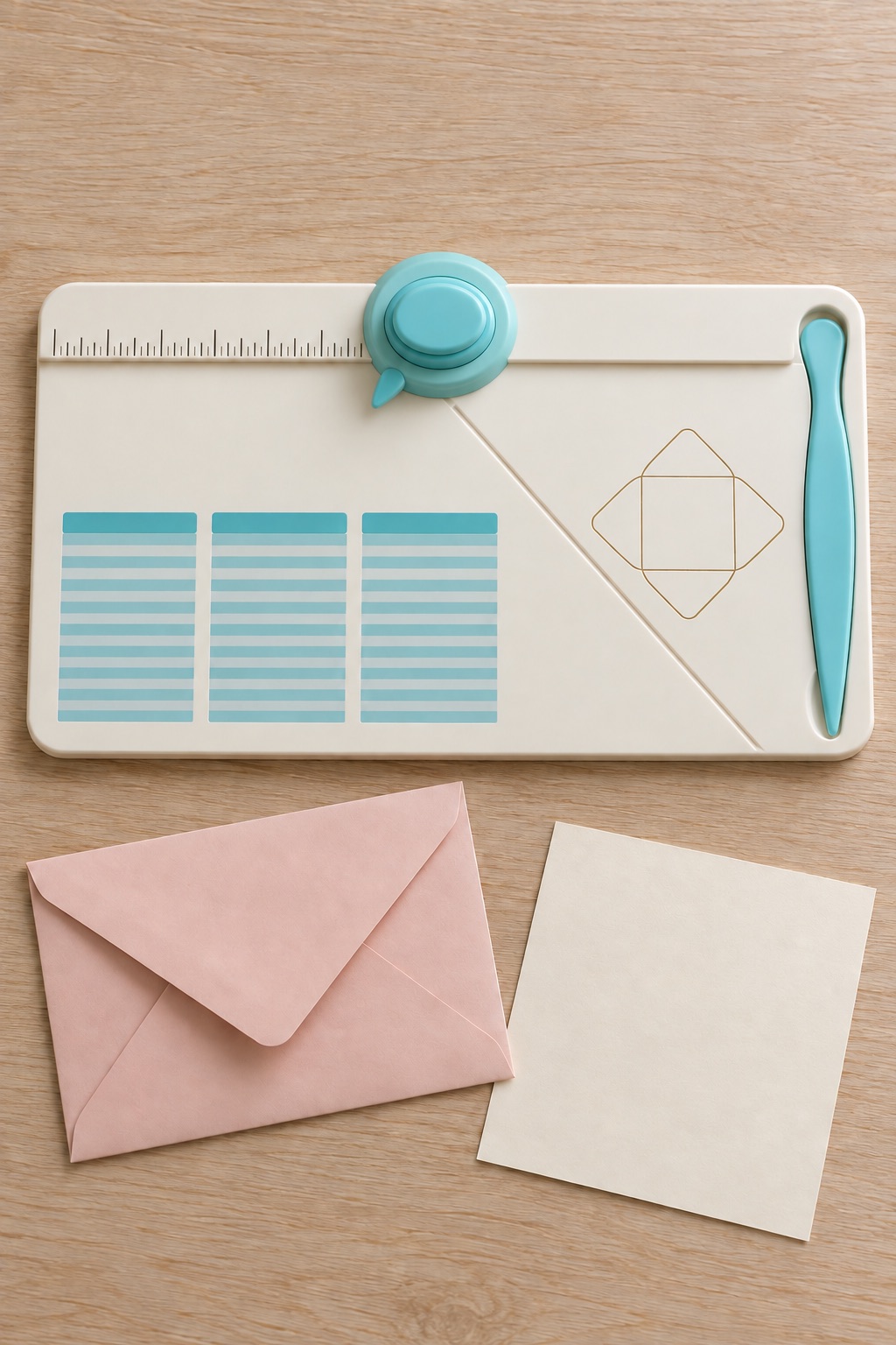 10 Paper-Crafting Tools for Handmade Pen-Pal Envelopes and Flat Inserts Envelope punch board on a paper-crafting desk
