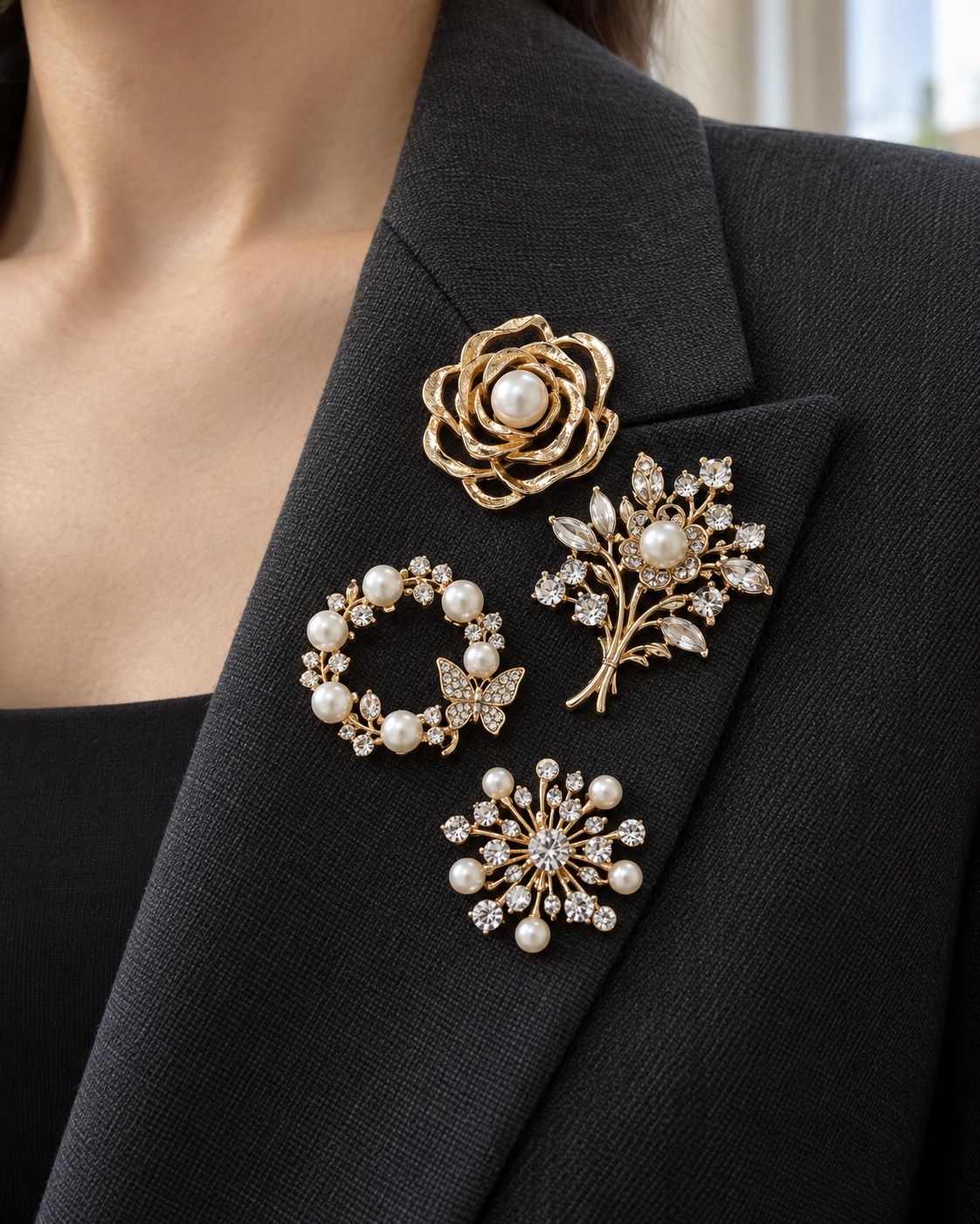 Four gold-tone pearl and crystal brooches on a black blazer lapel