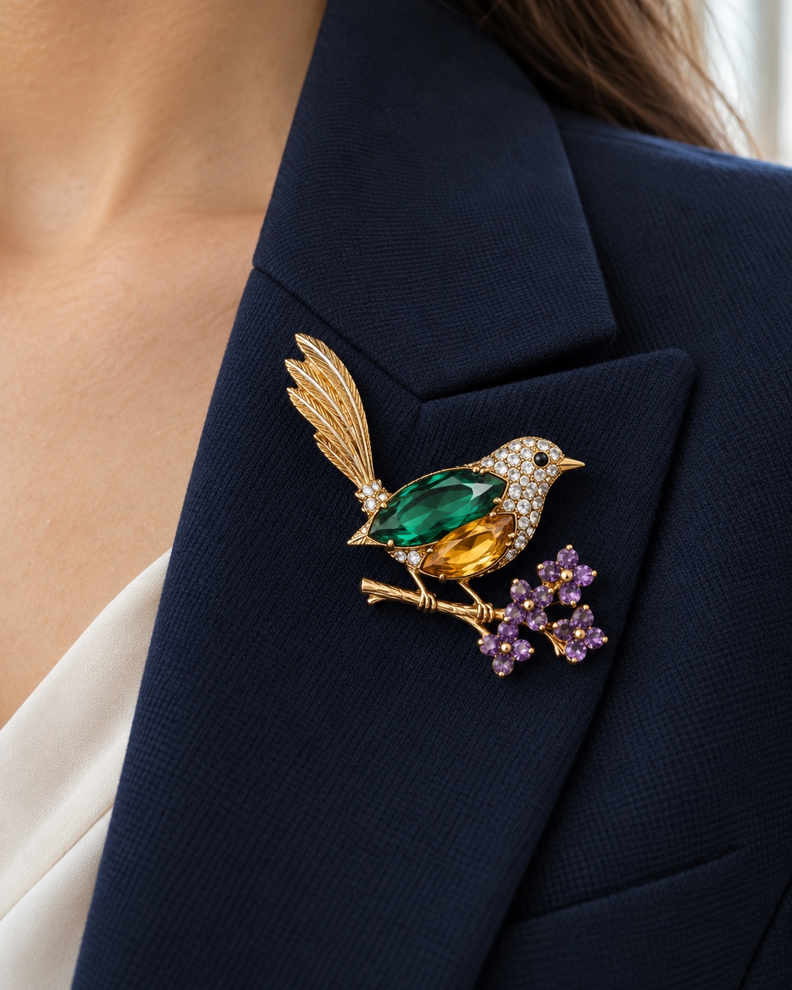 Gold-tone jeweled bird brooch with purple flowers on a navy lapel