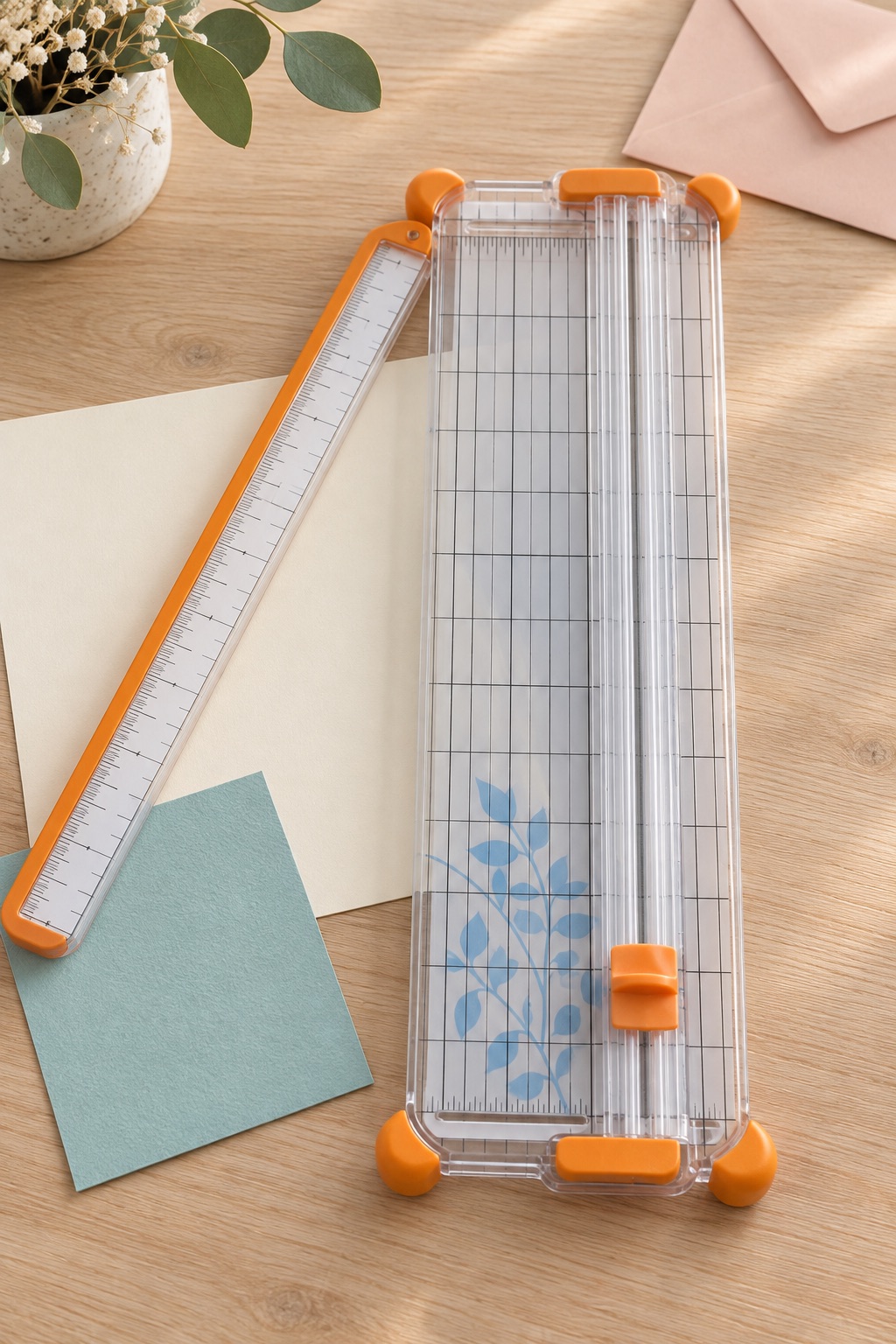 10 Paper-Crafting Tools for Handmade Pen-Pal Envelopes and Flat Inserts Transparent paper trimmer with orange accents