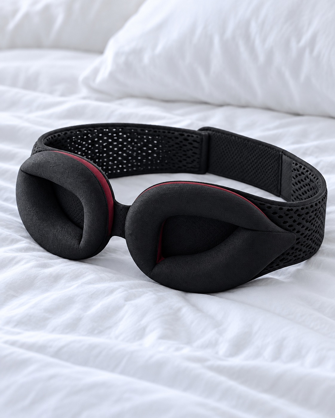 10 Contoured Sleep Masks for Side Sleepers and Bright Bedrooms Black wraparound sleep mask with separate C-shaped eye cups