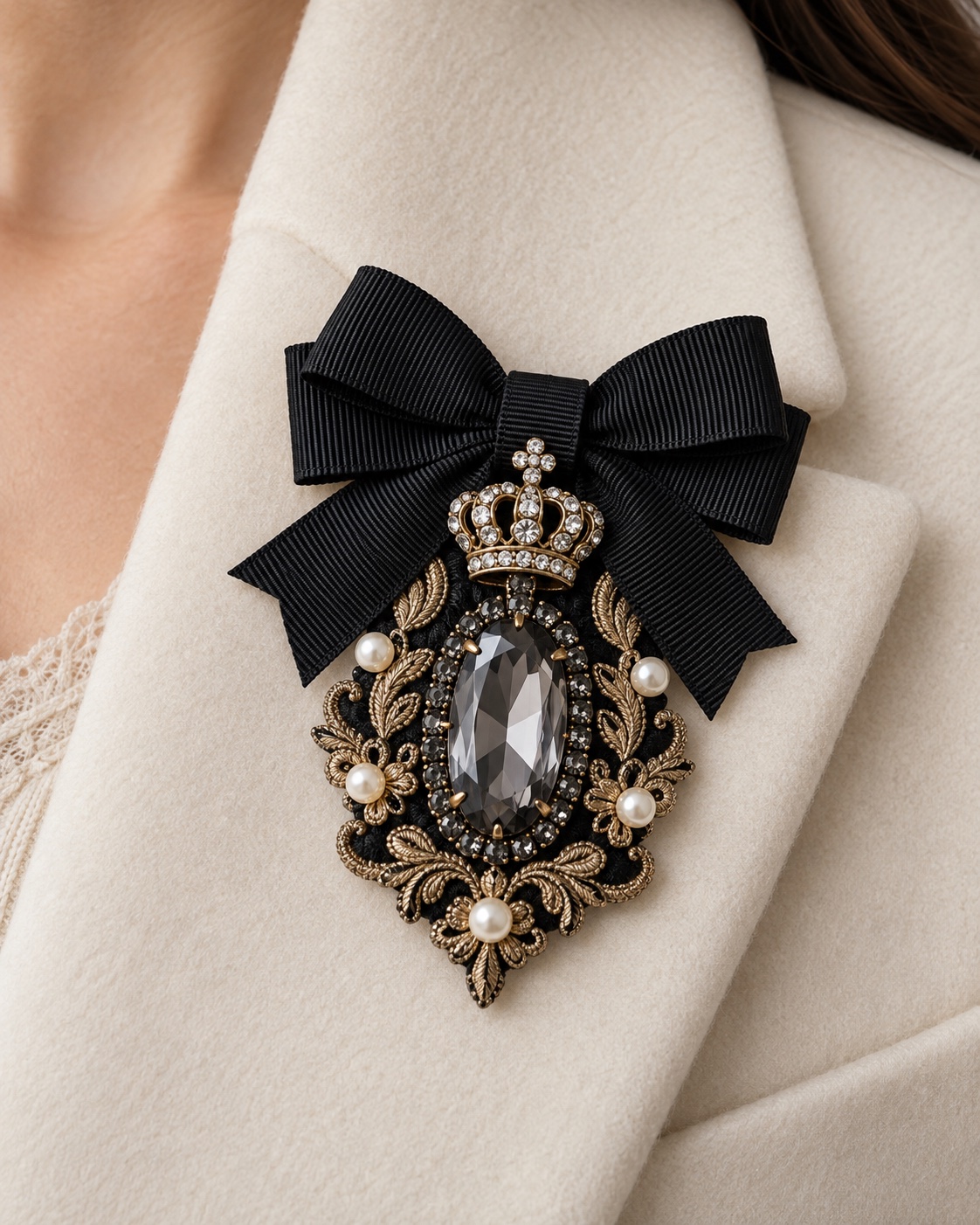 Black bow crown brooch with a smoky oval stone on a cream coat lapel