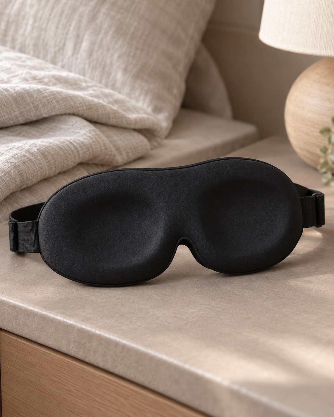 10 Contoured Sleep Masks for Side Sleepers and Bright Bedrooms Low-profile black contoured sleep mask on a bedside surface