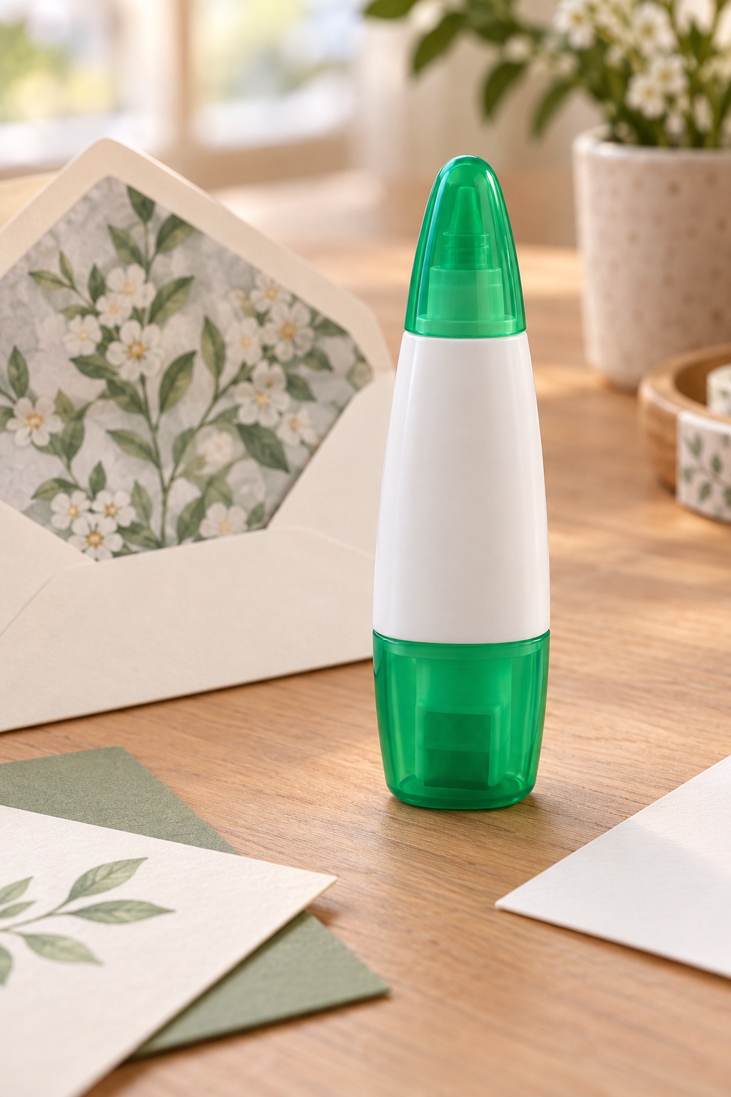 10 Paper-Crafting Tools for Handmade Pen-Pal Envelopes and Flat Inserts Green and white double-ended liquid glue bottle