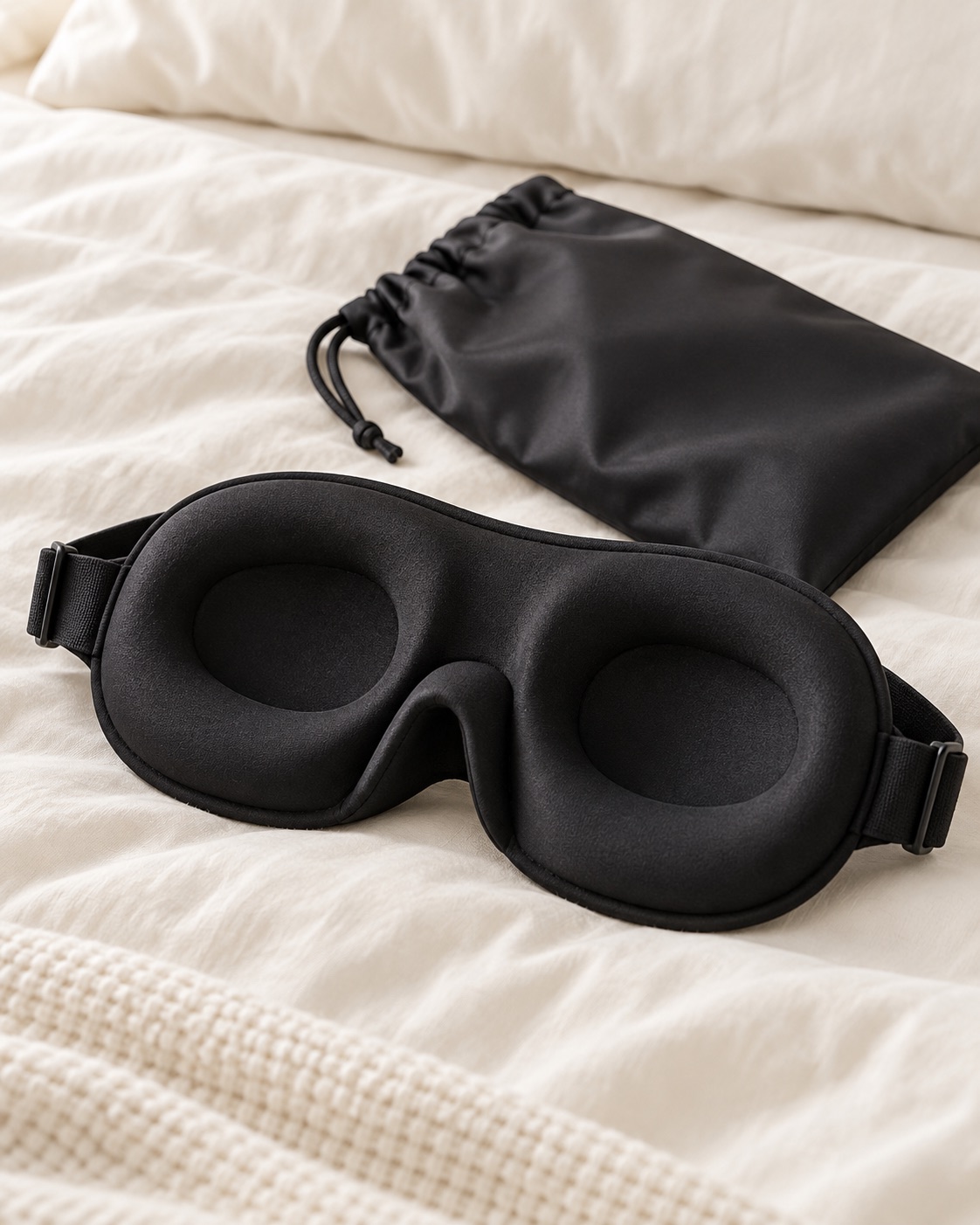 10 Contoured Sleep Masks for Side Sleepers and Bright Bedrooms Black memory-foam sleep mask with deep eye cavities and travel pouch