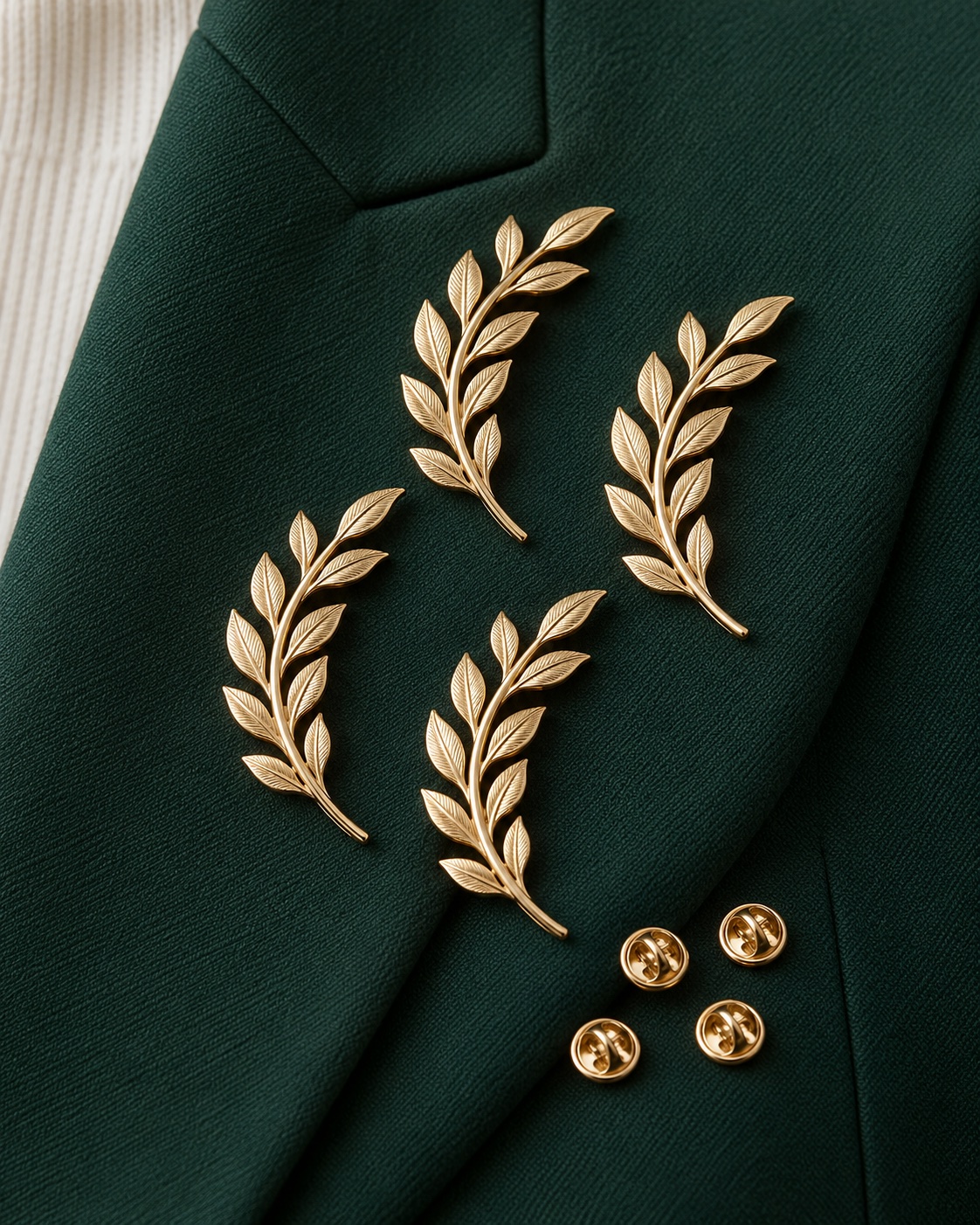 Four curved gold-tone leaf brooches and four clutch backs on green tailoring