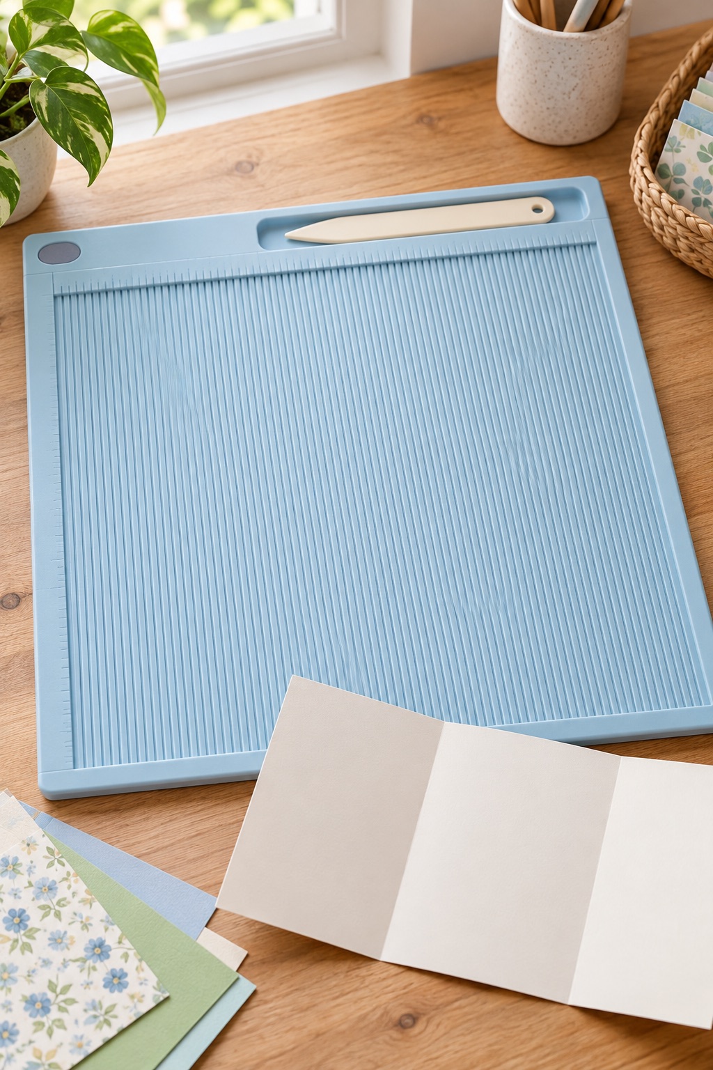 10 Paper-Crafting Tools for Handmade Pen-Pal Envelopes and Flat Inserts Pale blue scoring board with cream scoring tool