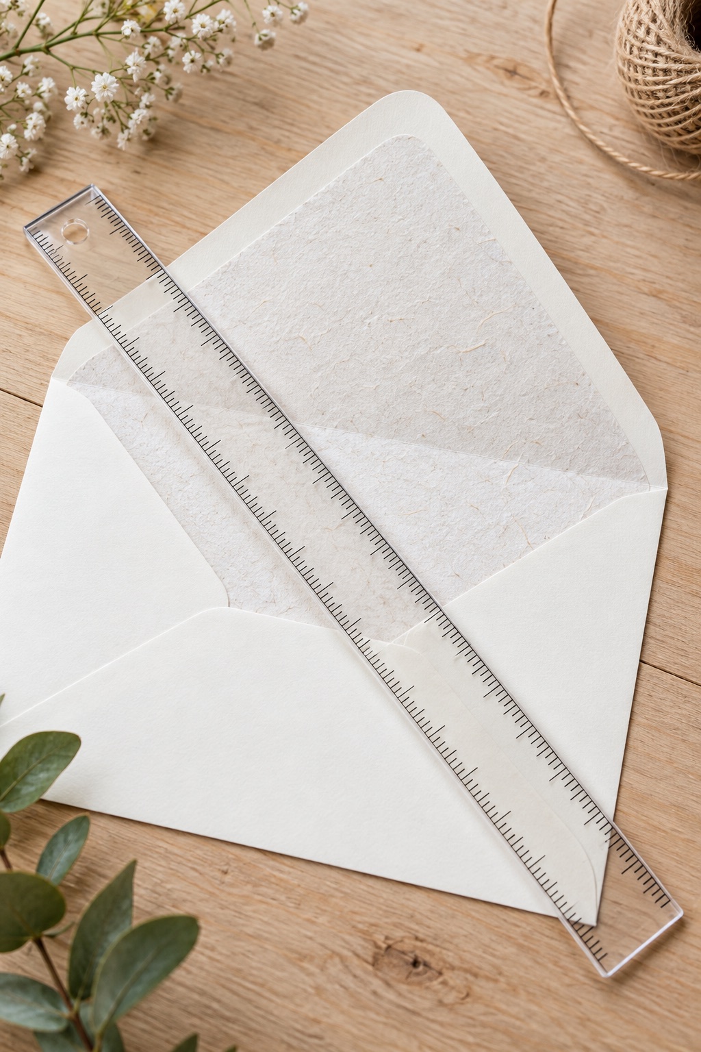 10 Paper-Crafting Tools for Handmade Pen-Pal Envelopes and Flat Inserts Clear acrylic twelve-inch ruler on craft paper