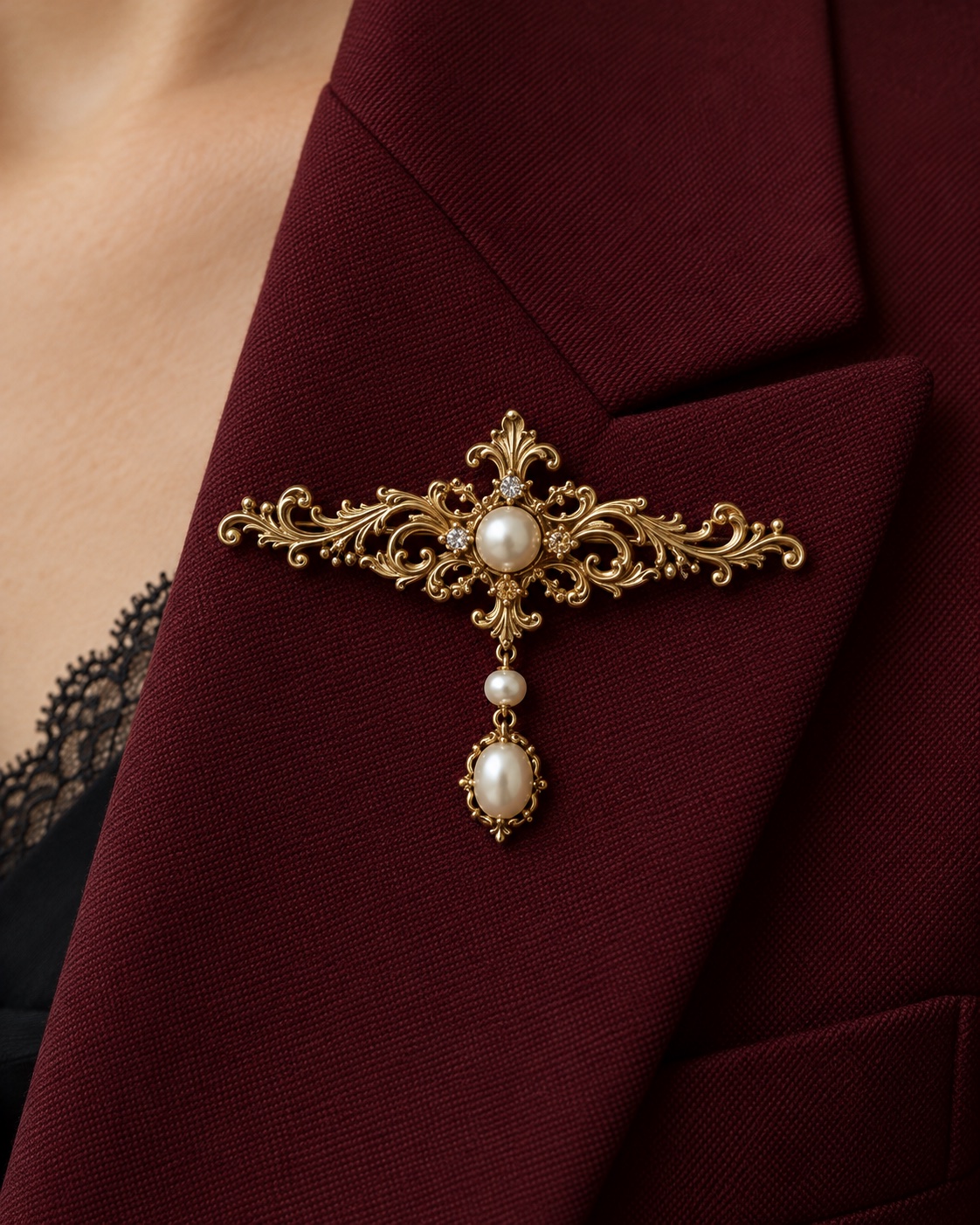 Wide gold-tone baroque cross brooch with a pearl drop on burgundy tailoring