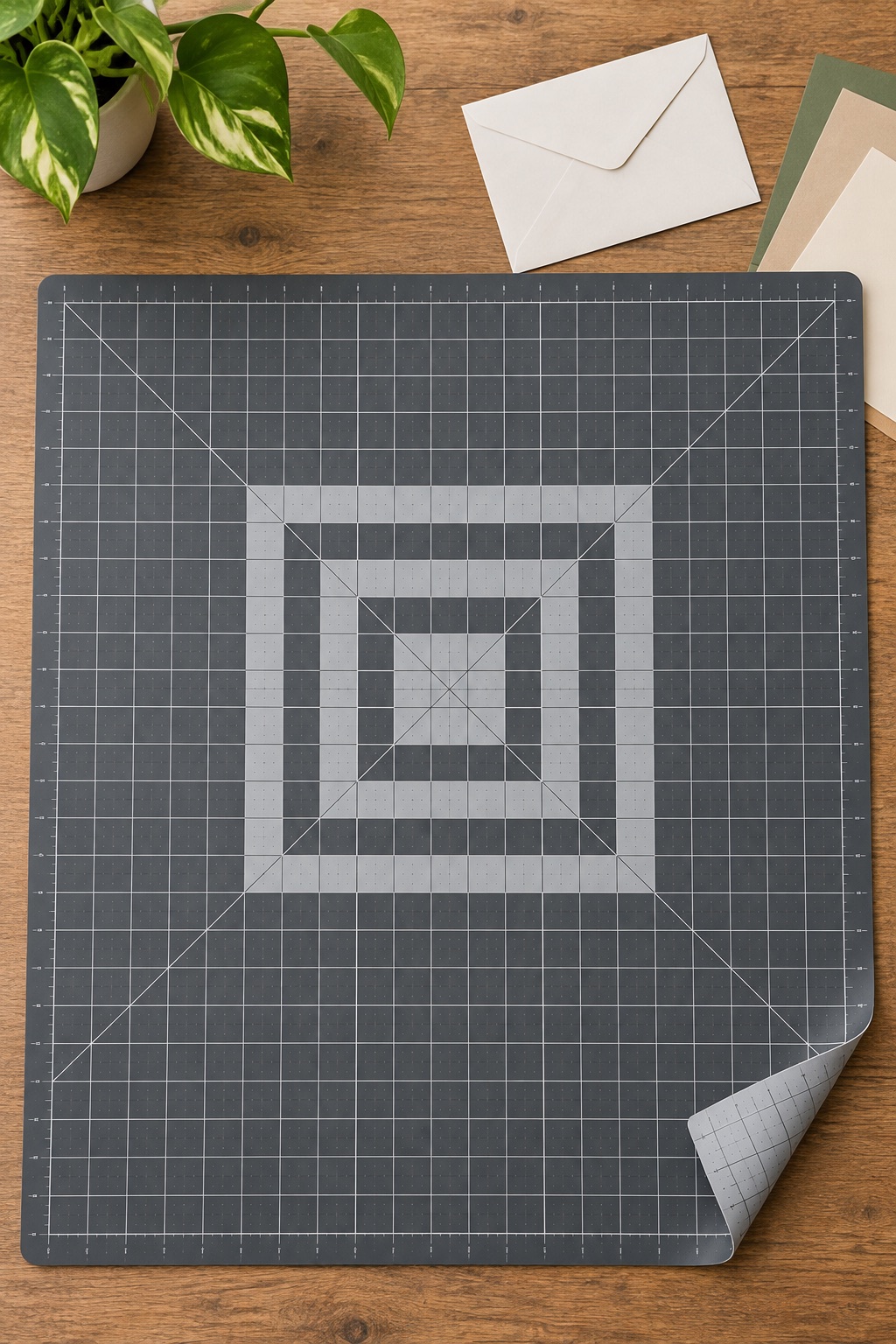 10 Paper-Crafting Tools for Handmade Pen-Pal Envelopes and Flat Inserts Gray gridded self-healing cutting mat
