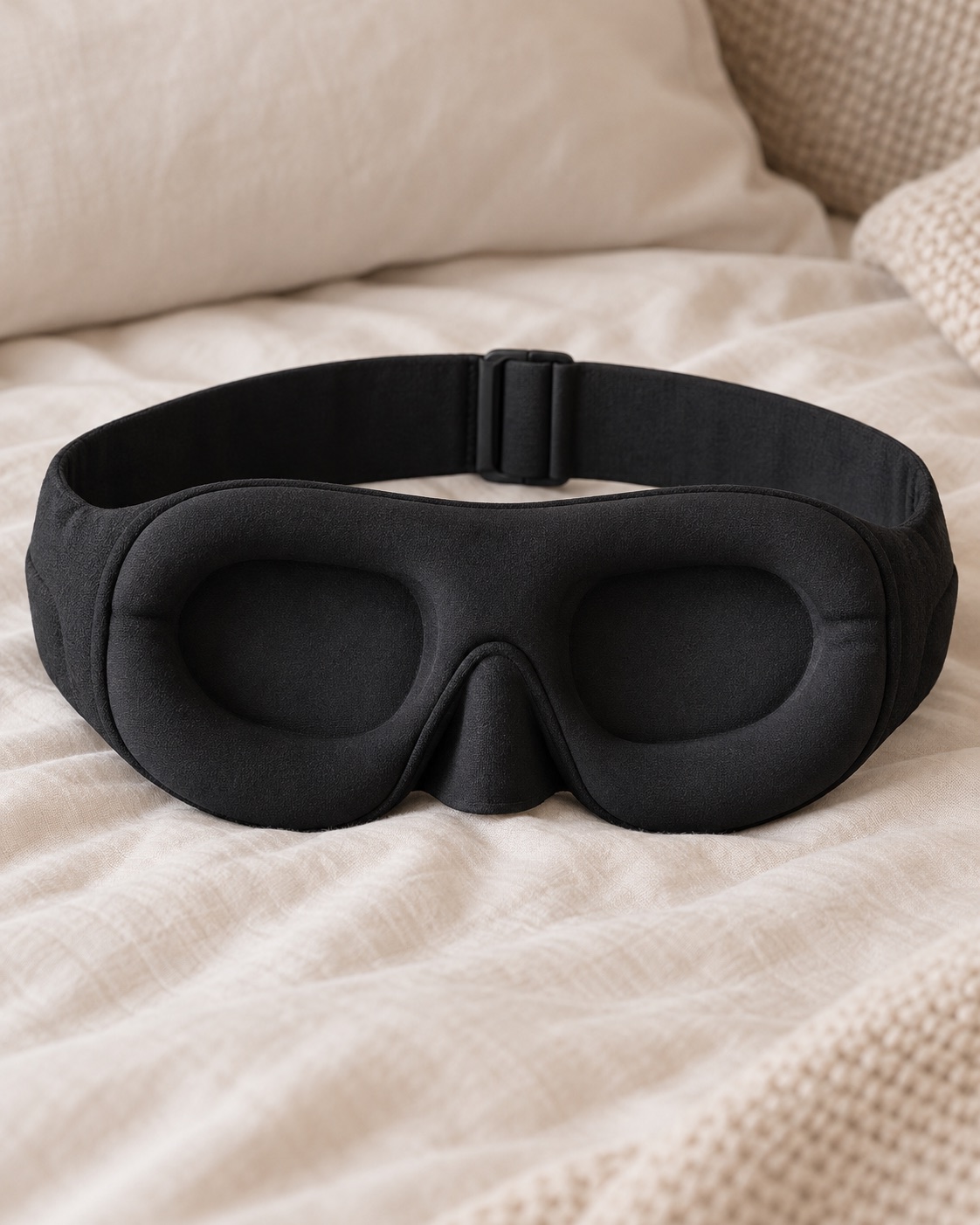 10 Contoured Sleep Masks for Side Sleepers and Bright Bedrooms Black headband-style sleep mask with cup-shaped eye recesses
