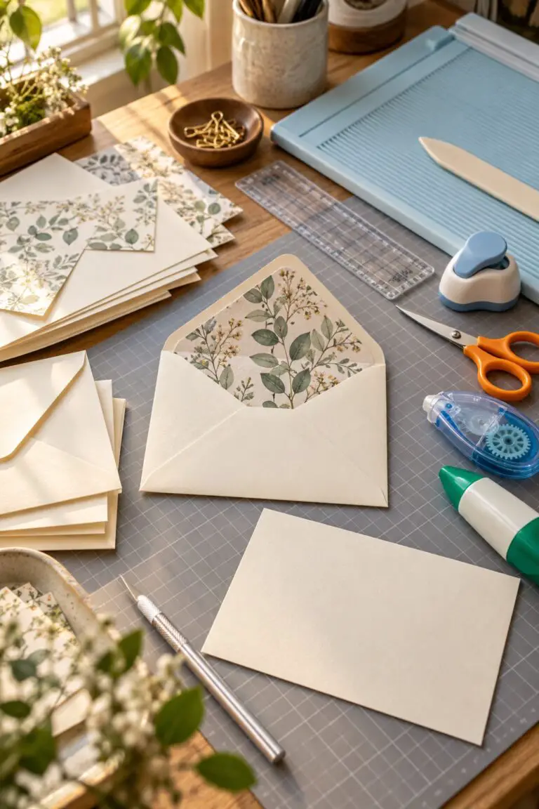 Handmade pen-pal envelope workspace with paper-crafting tools