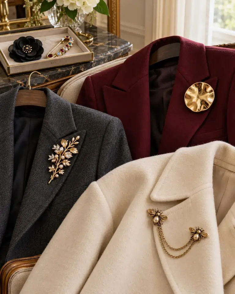 Statement brooches styled across charcoal, burgundy, and cream tailored garments