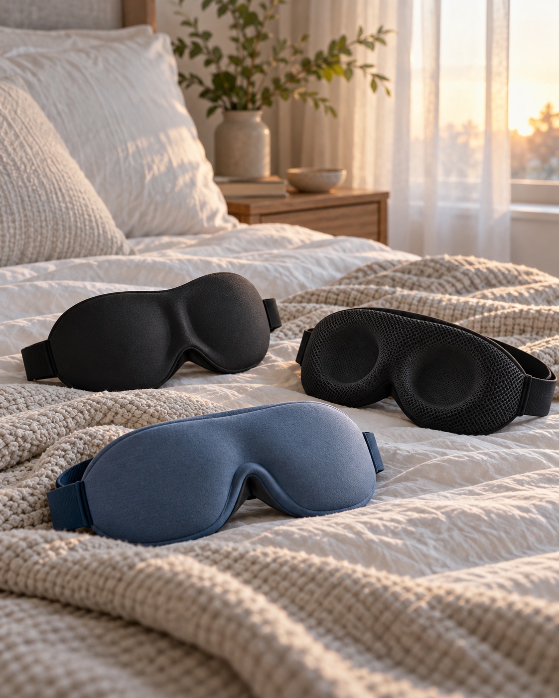 Three contoured sleep masks arranged on neutral bedding