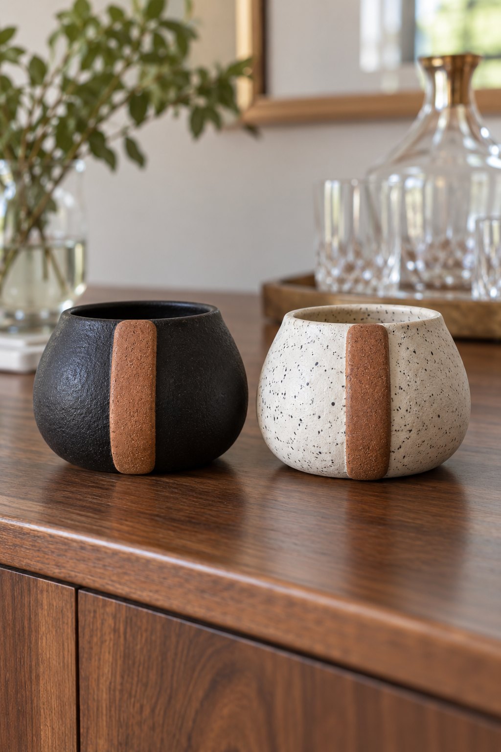 Black and speckled-white ceramic match holders on a dining sideboard.