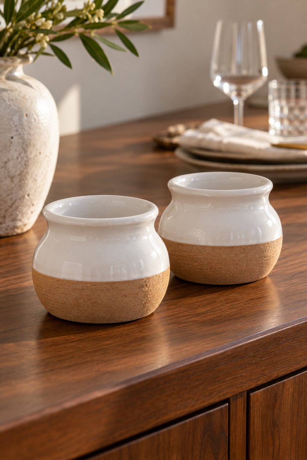 Two white-and-tan ceramic match holders beside dinner glassware.