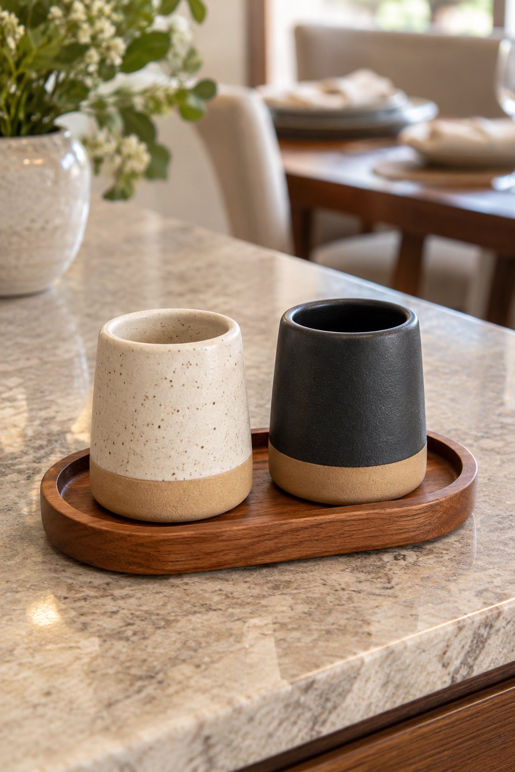 Black and cream ceramic match holders in a wooden tray.
