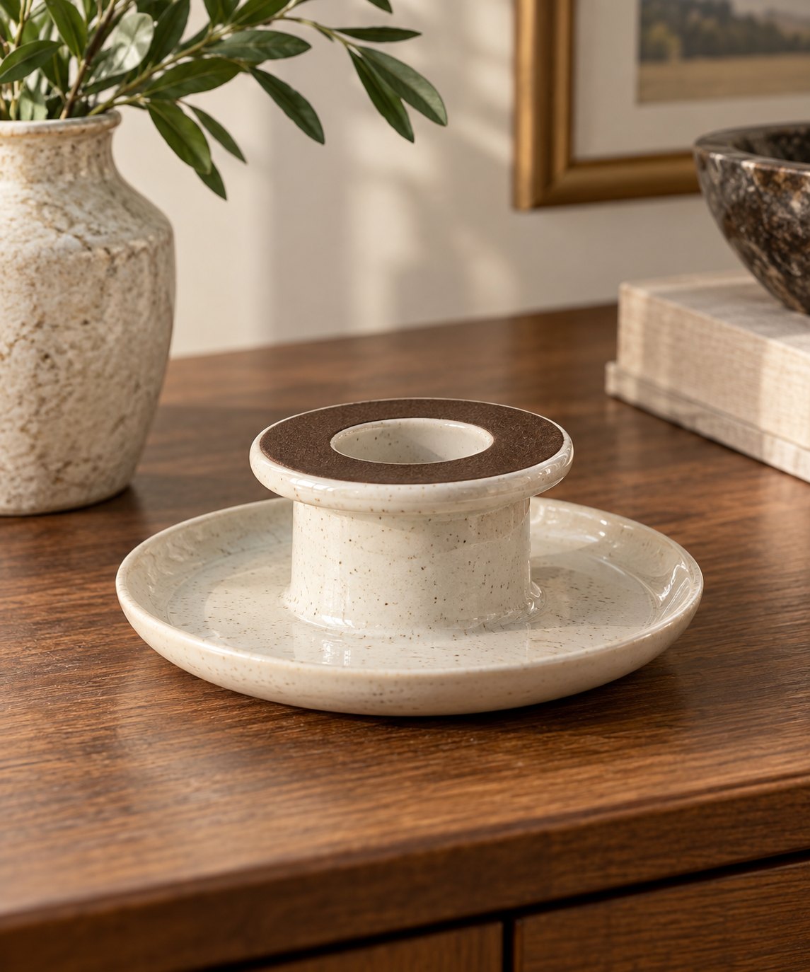 Linen-colored match holder with a top striker ring and attached saucer.