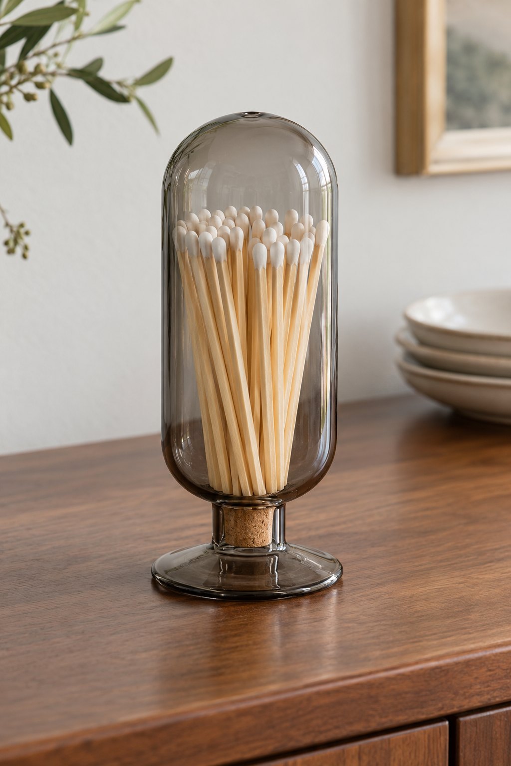 Smoke-glass match cloche containing white-tipped wooden matches.