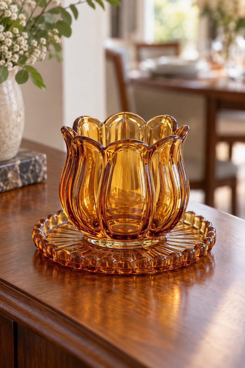 Amber tulip-shaped glass match holder on its matching tray.