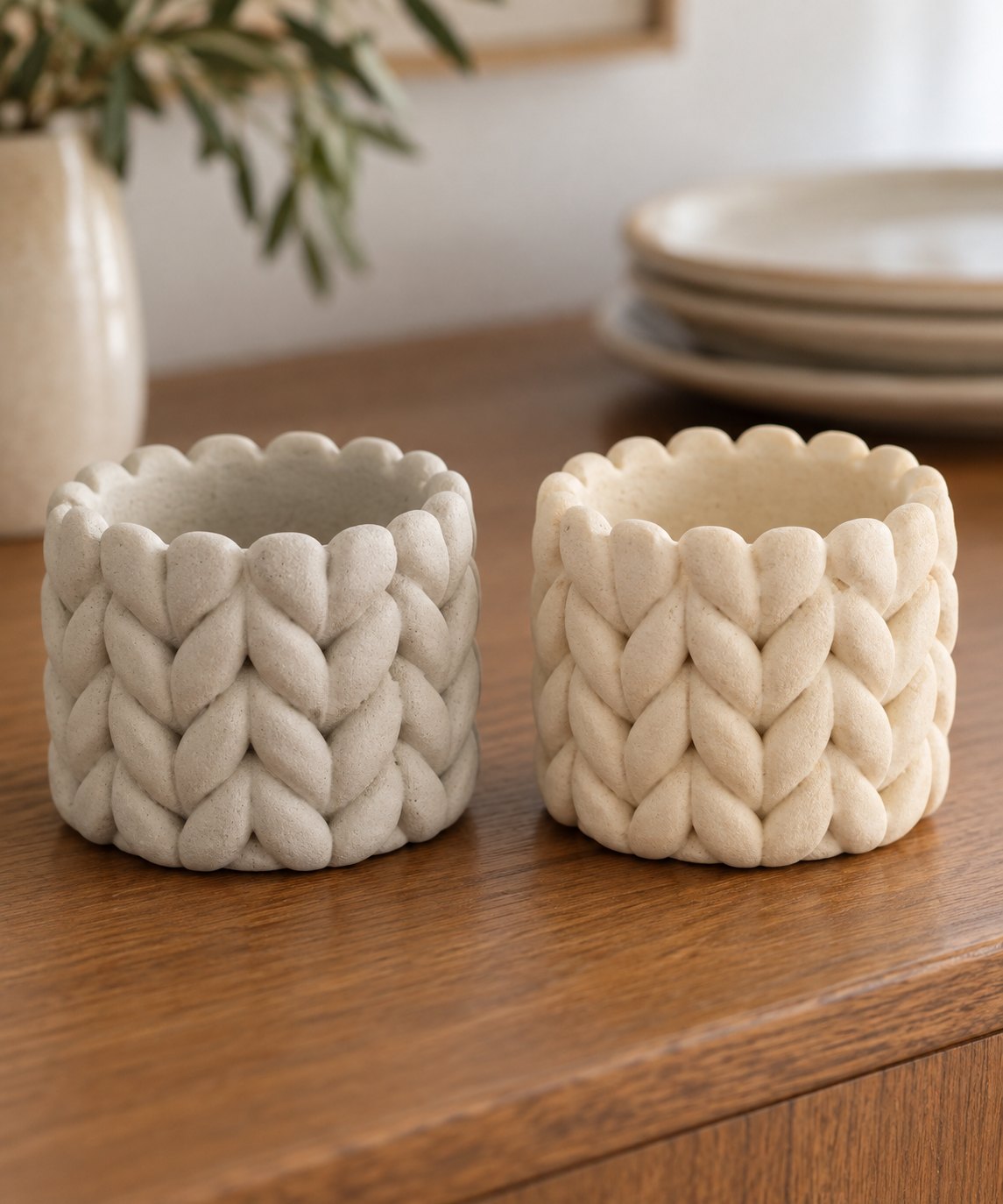 Two pale woven-texture concrete match holders.