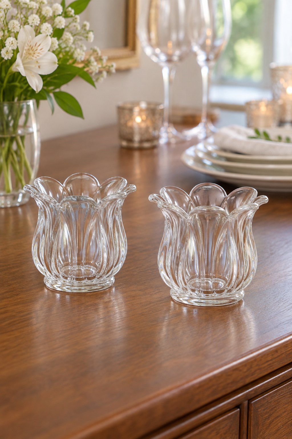 Two clear lily-shaped glass match holders on a wood surface.