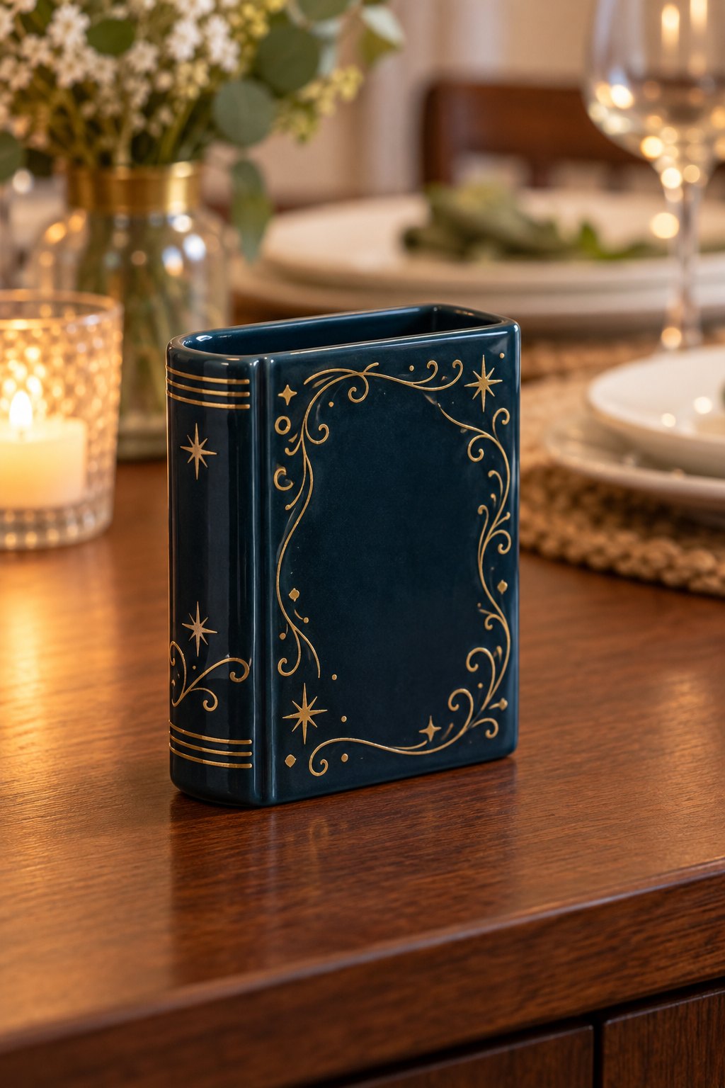 Blue book-shaped ceramic match holder with gold ornament.