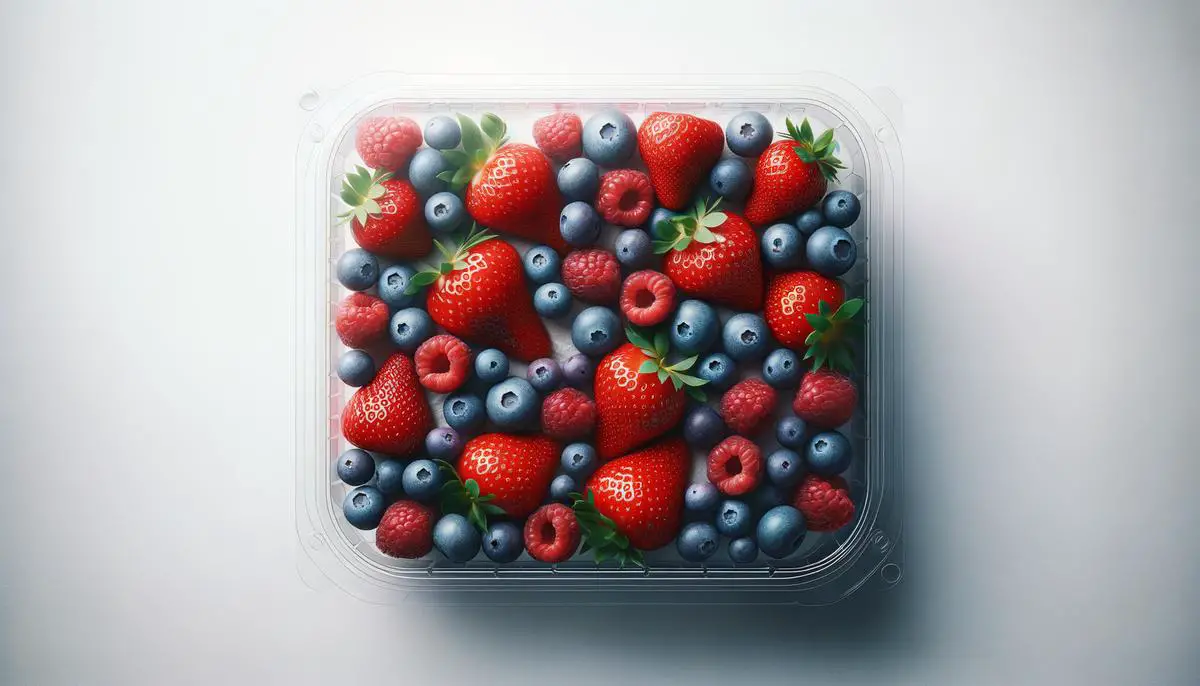 Fresh strawberries, blueberries and raspberries in a clear plastic storage container lined with paper towels