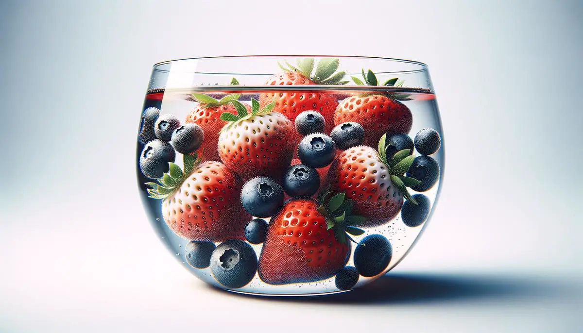 Fresh strawberries and blueberries soaking in a clear glass bowl filled with a vinegar and water solution